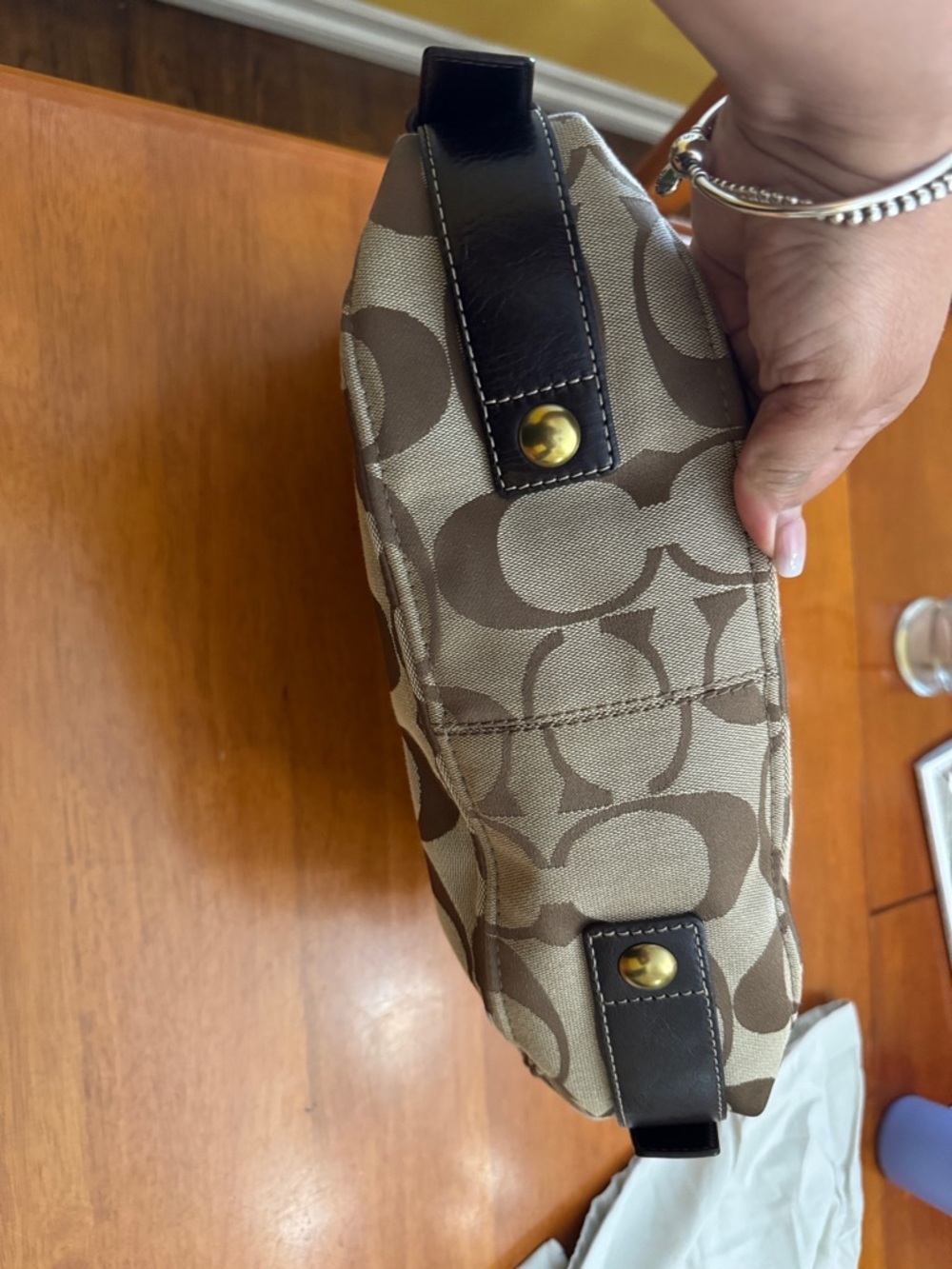 Coach Canvas Shoulder Bag in Beige & Dark Brown 13 in wide & 10 in long. - Picture 14 of 16